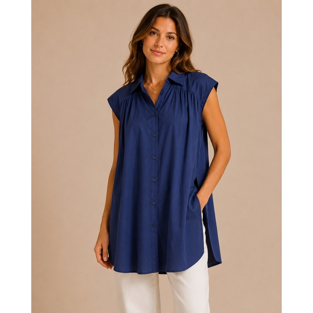 Lane Bryant Navy Blue‎ Button Down Tunic Top Cap Sleeve Cotton Blend NWT 18/20